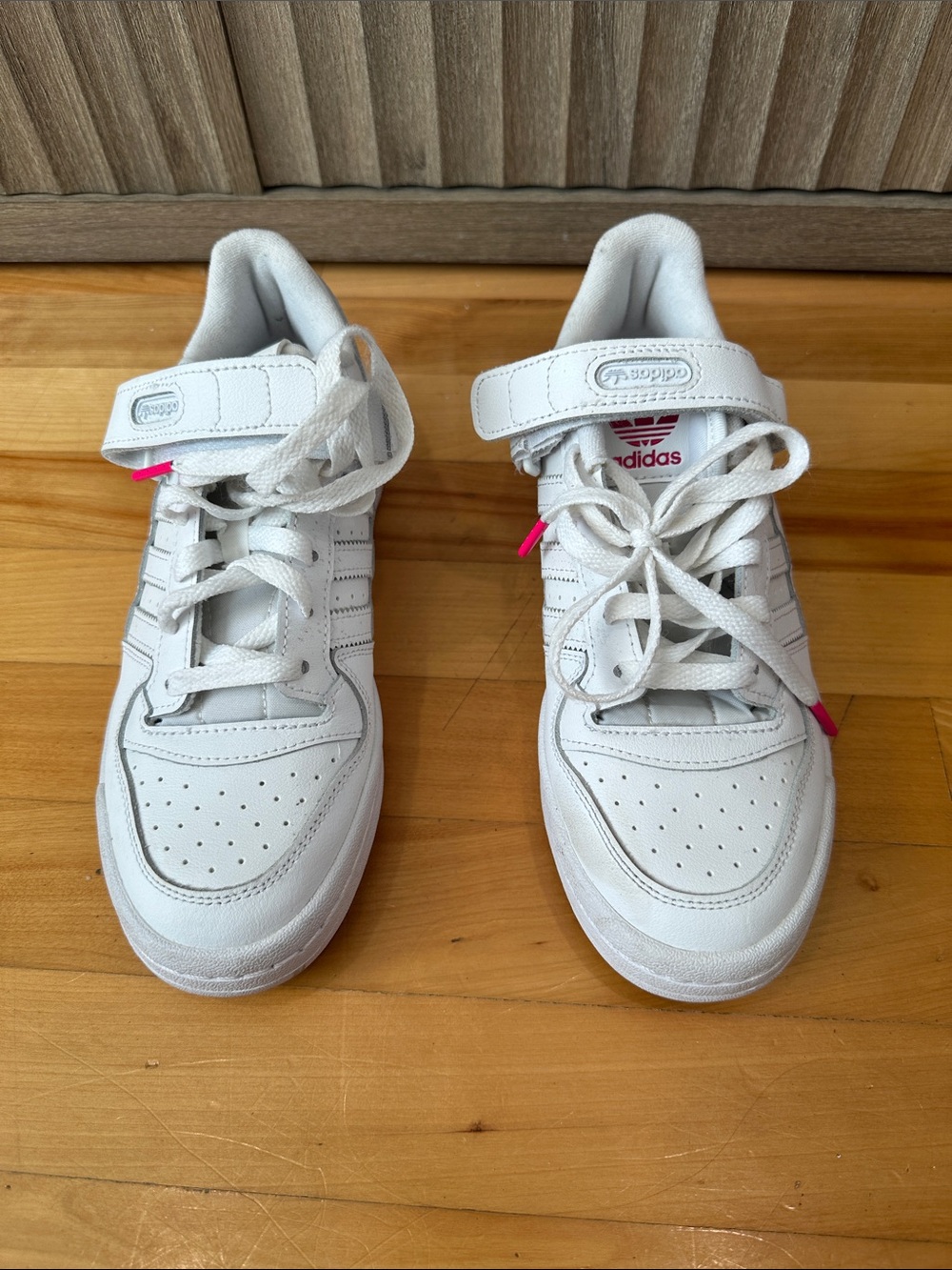 adidas Kids White Leather Sneakers with Pink Accents